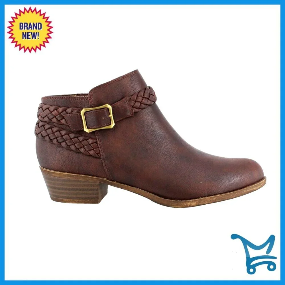 Ankle Boots with Stacked Heel, Faux Leather, Zip Closure, Almond Toe